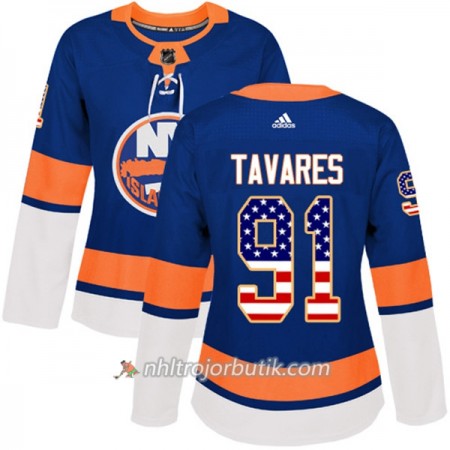 Dame Ishockey New York Islanders Tröja John Tavares 91 Adidas 2017-2018 Blå USA Flag Fashion Authentic